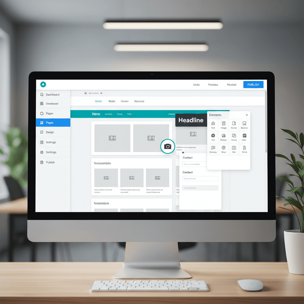 Interface de construtor de sites profissional com design moderno
