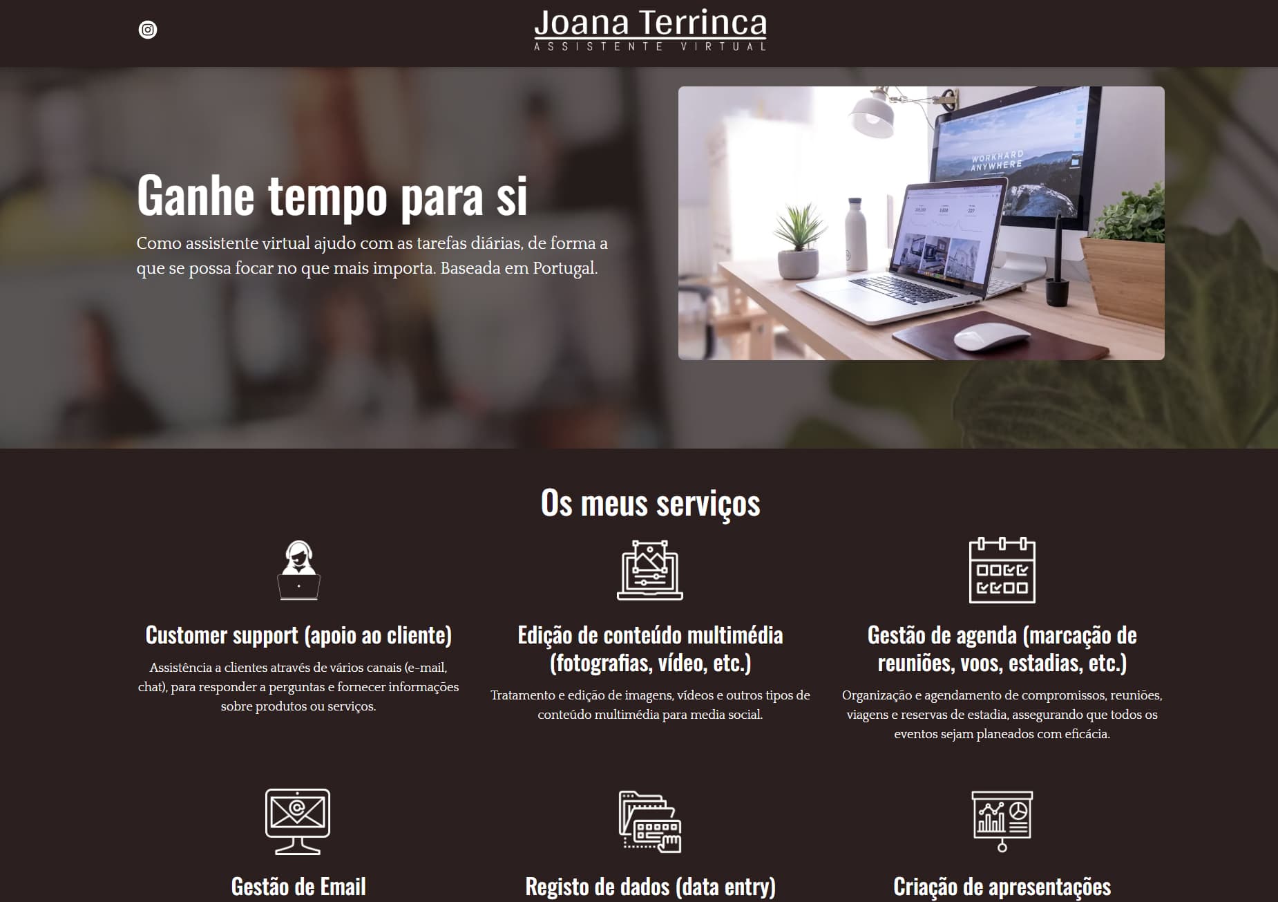 Página inicial do site de Joana Terrinca, assistente virtual, apresentando diversos serviços profissionais remotos.