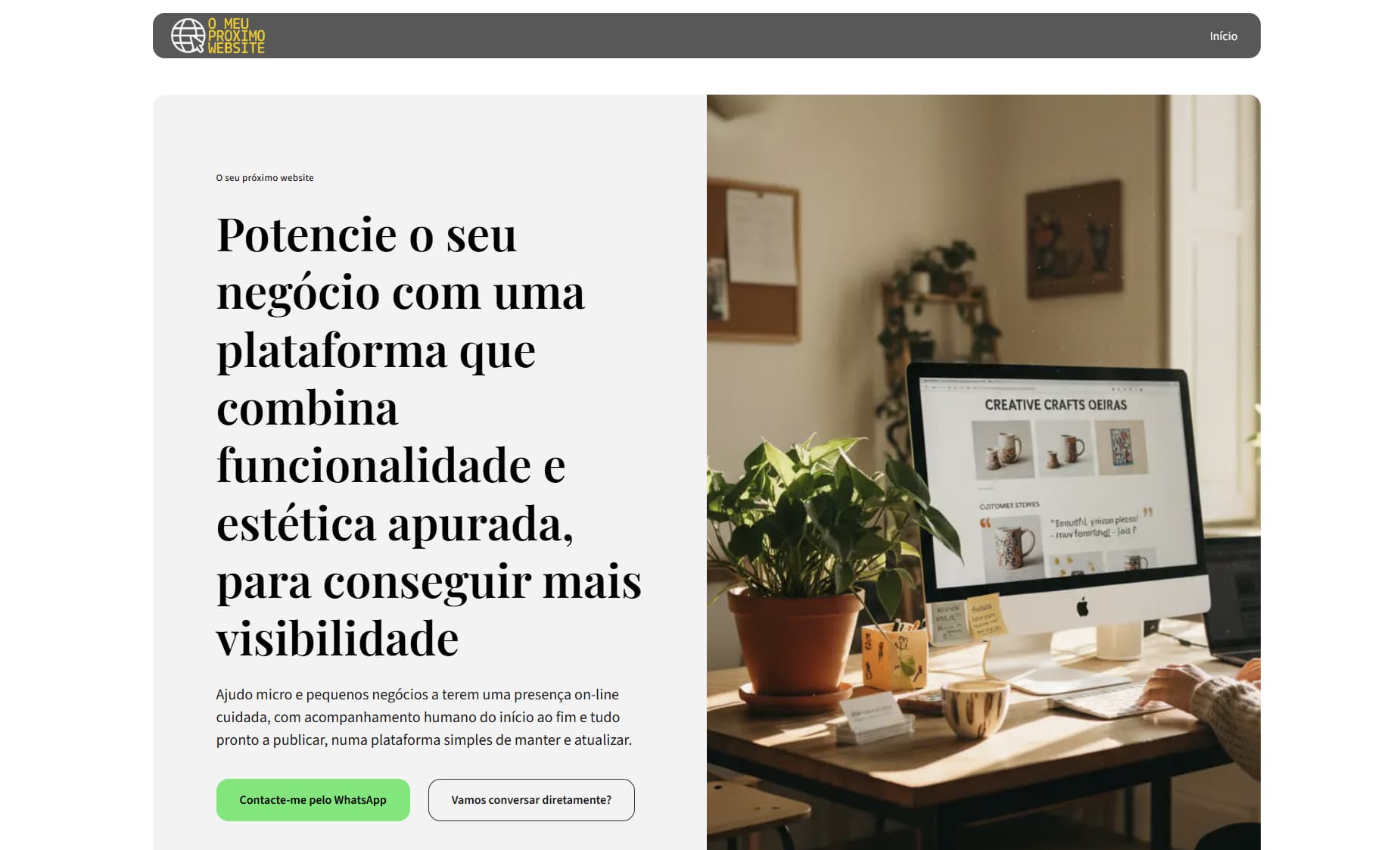 Página de criação de sites com texto sobre visibilidade e foto de escritório com computador.