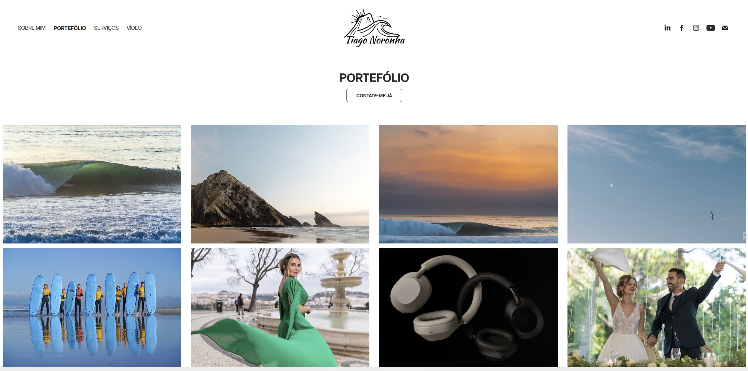 Portfólio de Tiago Noronha exibindo mosaico de fotos de surf, paisagens, retratos, casamentos e produtos.